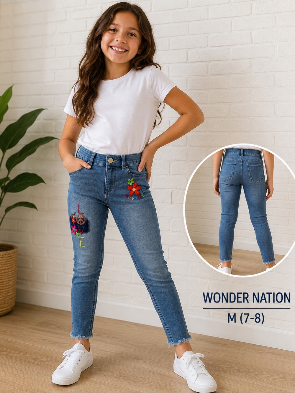 Wonder Nation Girls 7-8 Embroidered Floral LOVE Jeggings Raw Hem Jeans
